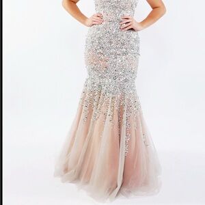 Terani Couture Silver and Cream Prom Dress